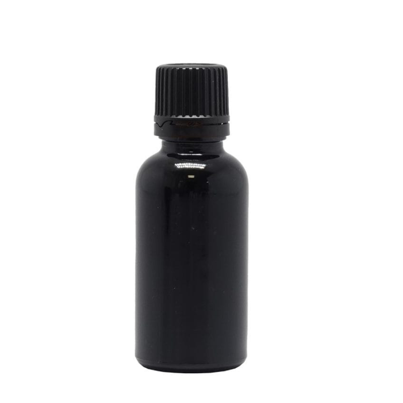 Black Glass Aromatherapy Bottle 18mm Neck With Black Fast Flow Dropper Cap