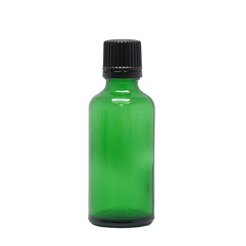 Product image of Green Glass Aromatherapy Bottle 18mm Neck With Black Fast Flow Dropper Cap