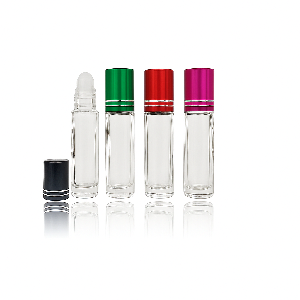 3ml Glass Roll-On Bottles – Assorted Coloured Caps - (Green/Red/Pink/Black)