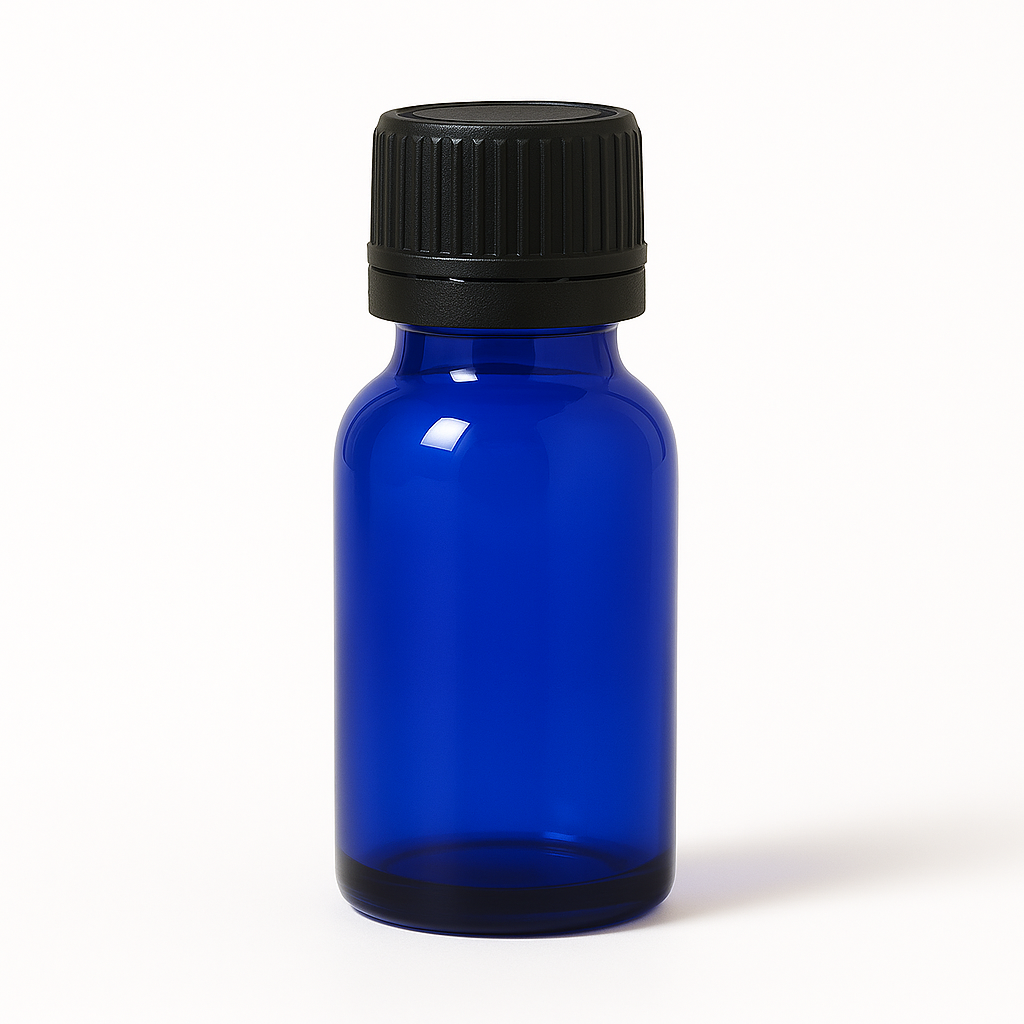Product image of Blue Glass Aromatherapy Bottle 18mm Neck With Black Fast Flow Dropper Cap