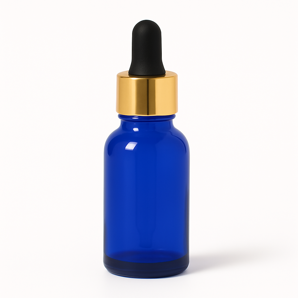 Product image of Blue Glass Aromatherapy Bottle 18mm Neck With Pipette Top Gold Collar Black Teat