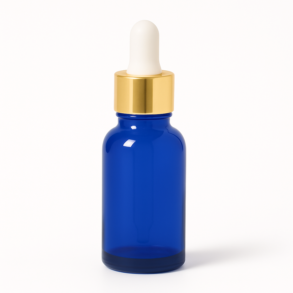 Product image of Blue Glass Aromatherapy Bottle 18mm Neck With Pipette Top Gold Collar White Teat