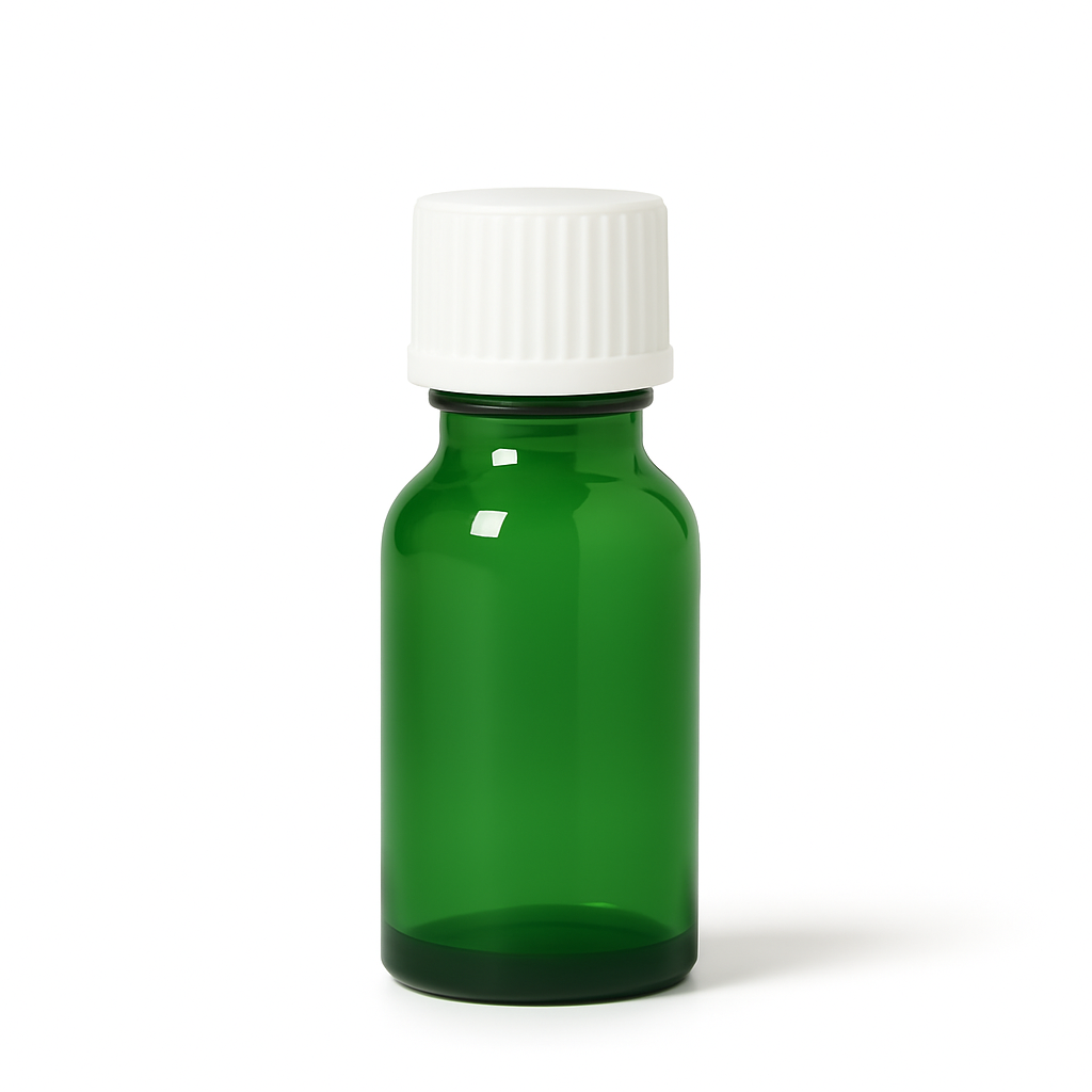 Product image of Green Glass Aromatherapy Bottle 18mm Neck With White Screw Cap