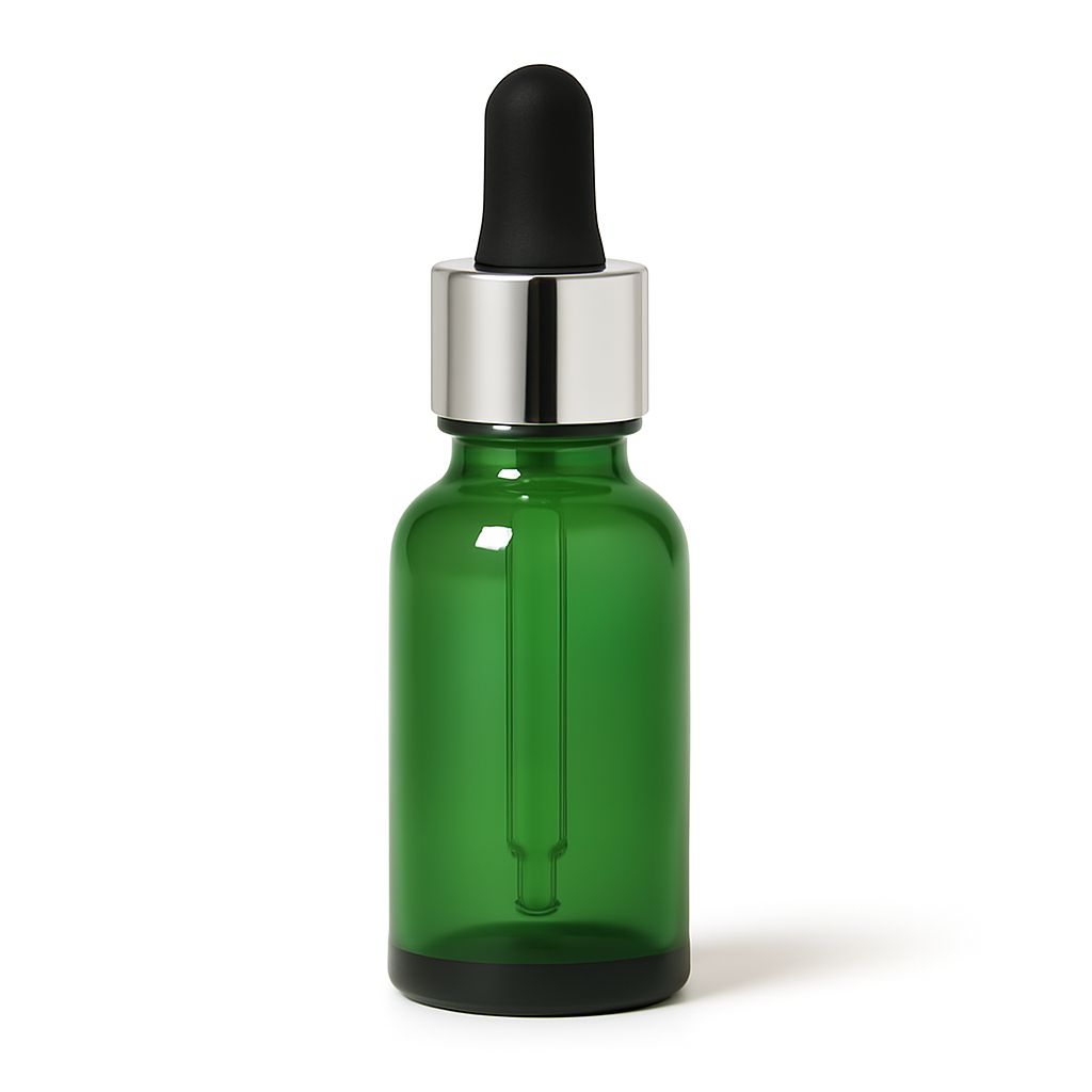 Product image of Green Glass Aromatherapy Bottle 18mm Neck With Pipette Top Silver Collar Black Teat