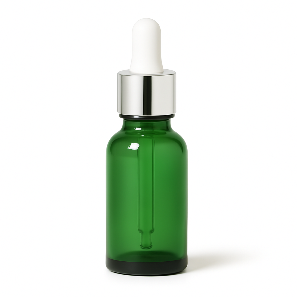 Product image of Green Glass Aromatherapy Bottle 18mm Neck With Pipette Top Silver Collar White Teat
