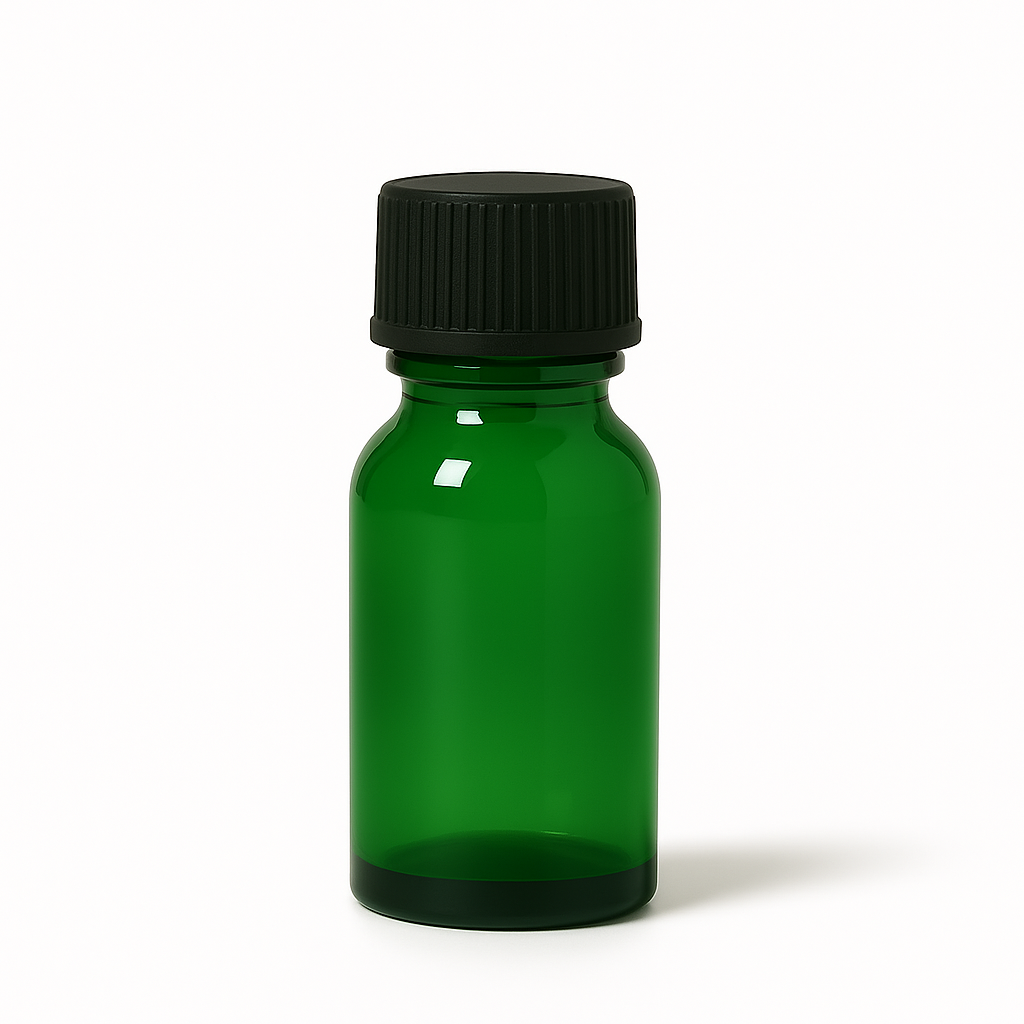 Product image of Green Glass Aromatherapy Bottle 18mm Neck With Black Screw Cap