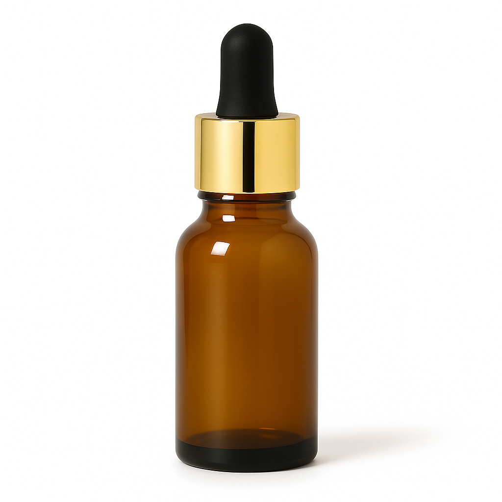 Product image of Amber Glass Aromatherapy Bottle 18mm Neck With Pipette Top Gold Collar Black Teat
