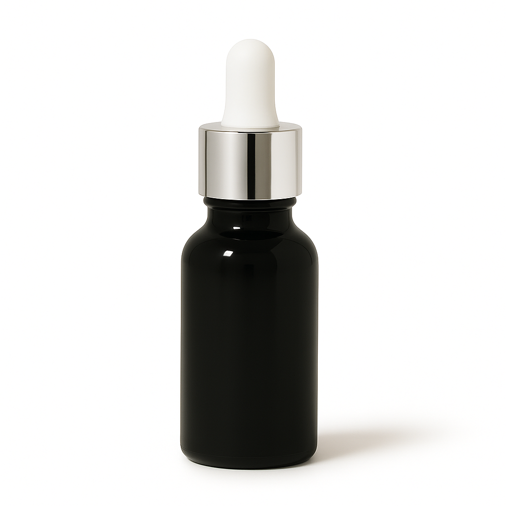 Product image of Black Glass Aromatherapy Bottle 18mm Neck With Pipette Top Silver Collar White Teat
