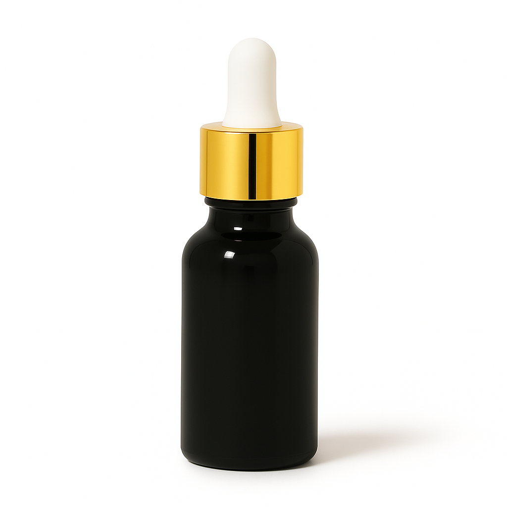 Product image of Black Glass Aromatherapy Bottle 18mm Neck With Pipette Top Gold Collar White Teat