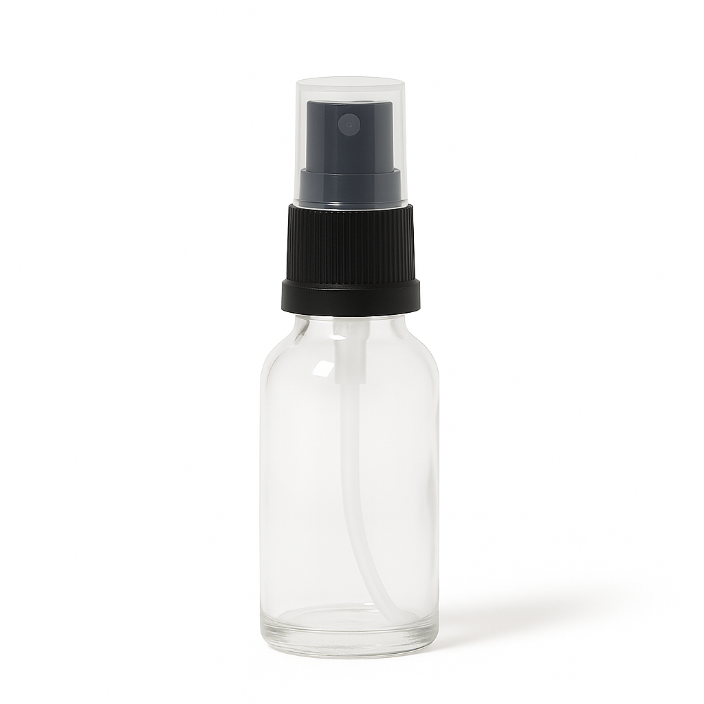 Product image of Clear Glass Aromatherapy Bottle 18mm Neck With Black Atomiser/Mist Spray Cap (18mm Neck)