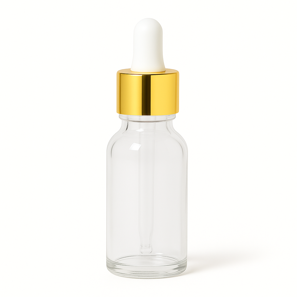 Product image of Clear Glass Aromatherapy Bottle 18mm Neck With Pipette Top Gold Collar White Teat