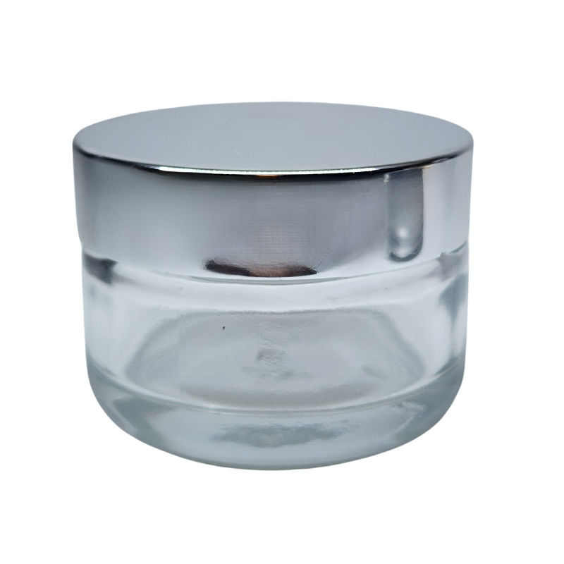 Clear Glass Ointment Jar With Shiny Silver Cap 58mm Neck