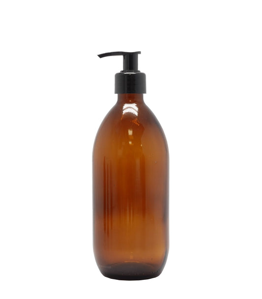 Amber Glass Generic Bottle With Lotion Pump Dispenser Black Smooth 28mm Neck