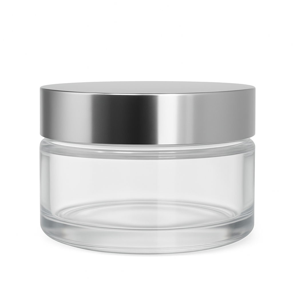 Clear Glass Ointment Jar With Shiny Silver Cap 58mm Neck