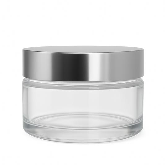 Clear Glass Ointment Jar With Shiny Silver Cap 58mm Neck