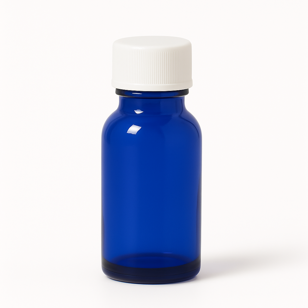 Product image of Blue Glass Aromatherapy Bottle 18mm Neck With White Screw Cap