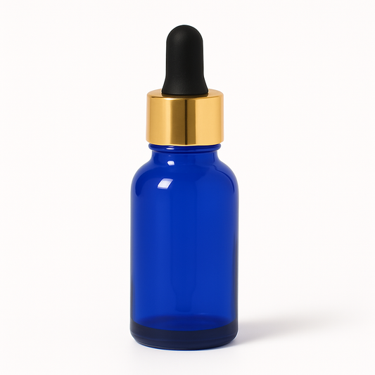 Product image of Blue Glass Aromatherapy Bottle 18mm Neck With Pipette Top Gold Collar Black Teat
