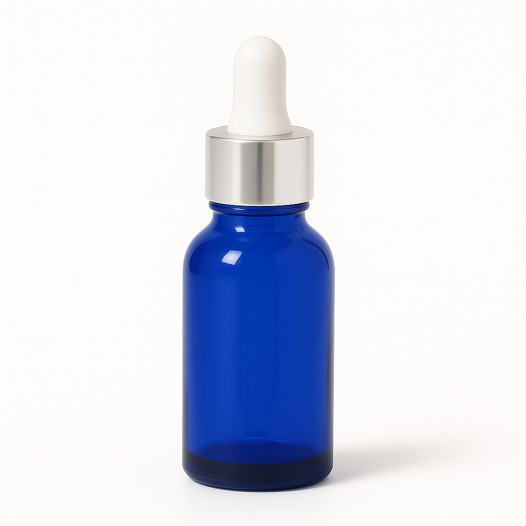 Product image of Blue Glass Aromatherapy Bottle 18mm Neck With Pipette Top Silver Collar White Teat