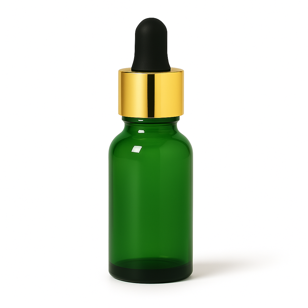 Product image of Green Glass Aromatherapy Bottle 18mm Neck With Pipette Top Gold Collar Black Teat