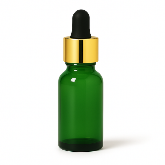 Green Glass Aromatherapy Bottle 18mm Neck With Pipette Top Gold Collar Black Teat