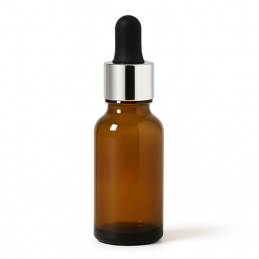 Amber Glass Aromatherapy Bottle 18mm Neck With Pipette Top Silver Collar Black Teat