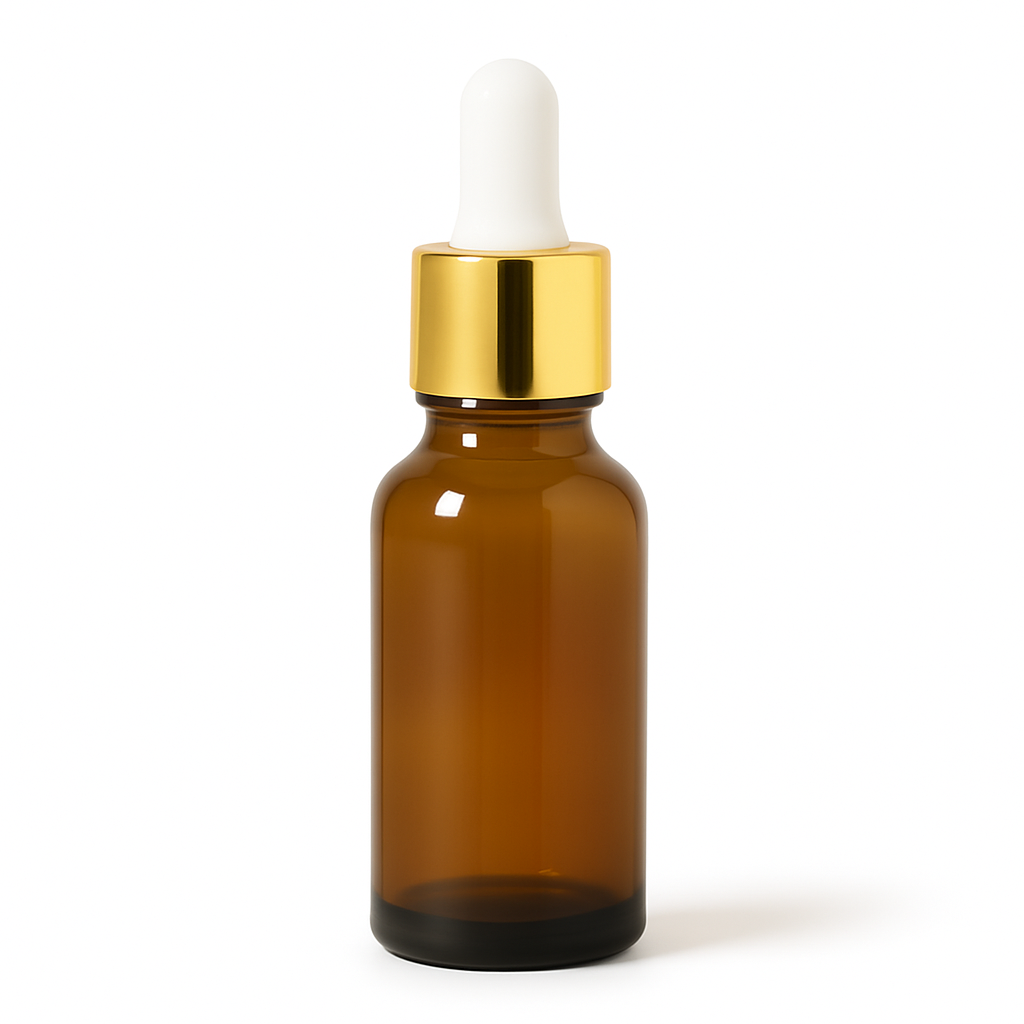 Product image of Amber Glass Aromatherapy Bottle 18mm Neck With Pipette Top Gold Collar White Teat