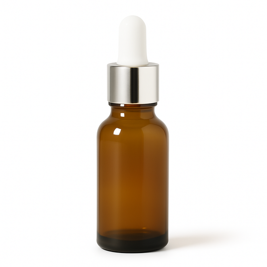 Amber Glass Aromatherapy Bottle 18mm Neck With Pipette Top Silver Collar White Teat
