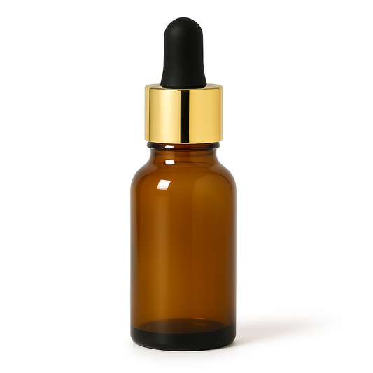 Amber Glass Aromatherapy Bottle 18mm Neck With Pipette Top Gold Collar Black Teat