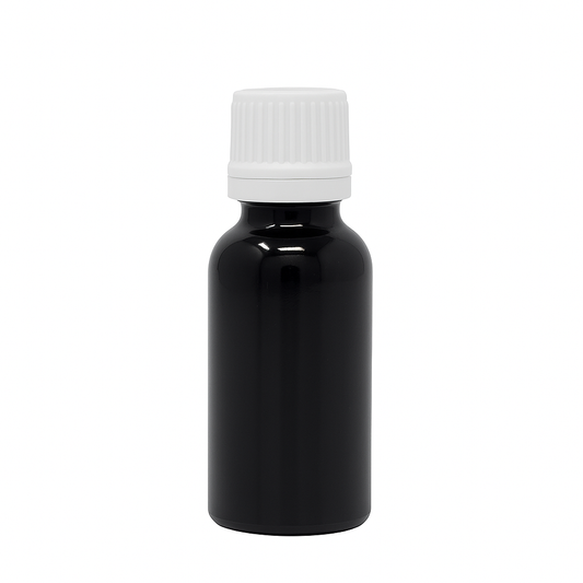 Product image of Black Glass Aromatherapy Bottle 18mm Neck With White Fast Flow Dropper Cap
