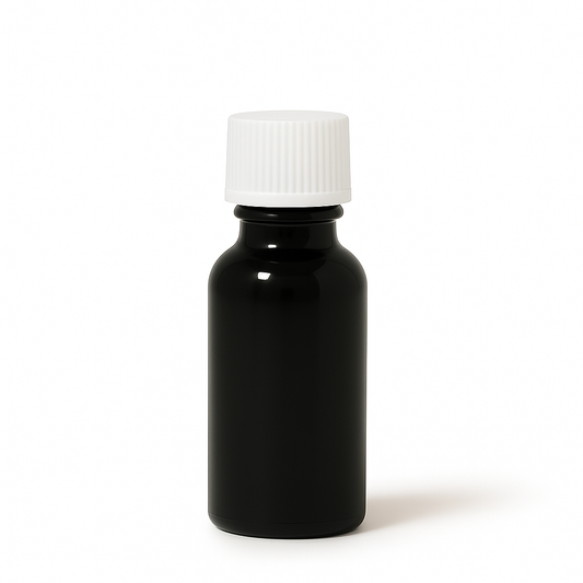 Product image of Black Glass Aromatherapy Bottle 18mm Neck With White Screw Cap