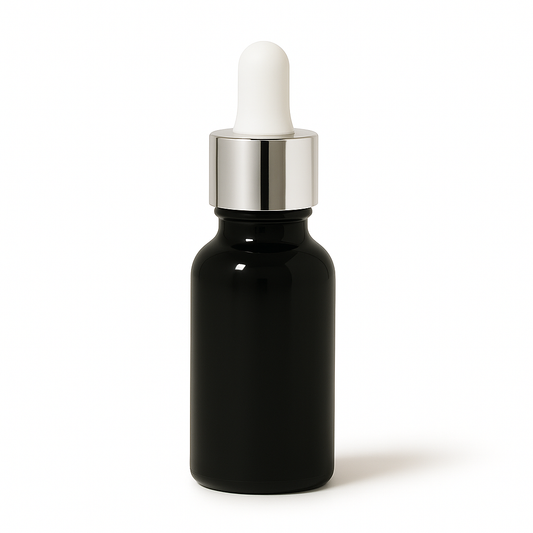 Product image of Black Glass Aromatherapy Bottle 18mm Neck With Pipette Top Silver Collar White Teat