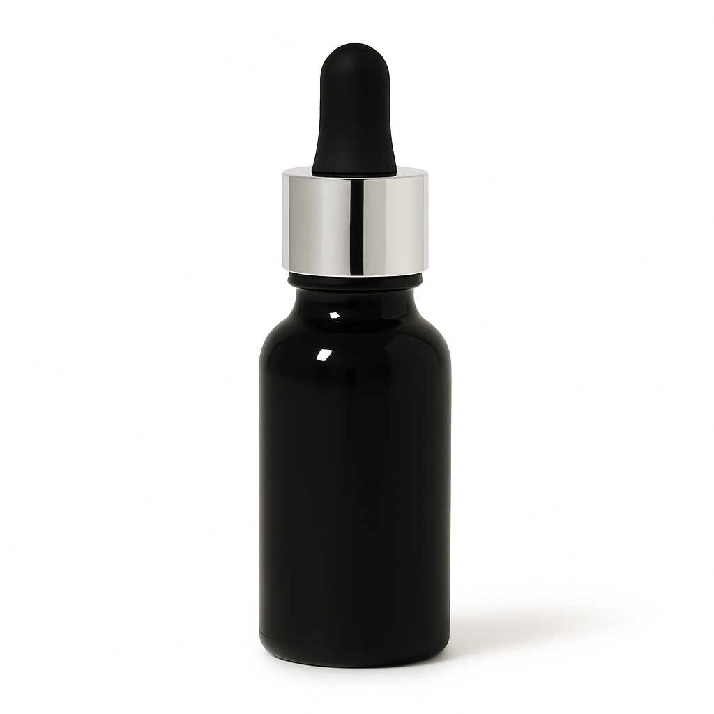 Product image of Black Glass Aromatherapy Bottle 18mm Neck With Pipette Top Silver Collar Black Teat