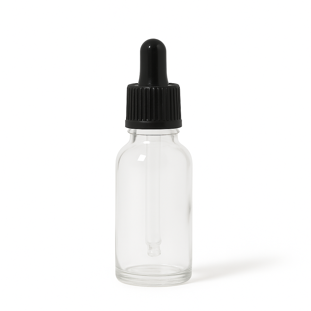 Product image of Clear Glass Aromatherapy Bottle 18mm Neck With Pipette Top Black