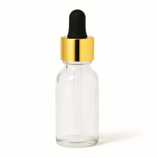 Product image of Clear Glass Aromatherapy Bottle 18mm Neck With Pipette Top Gold Collar Black Teat