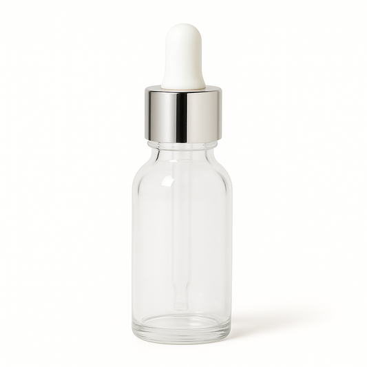 Product image of Clear Glass Aromatherapy Bottle 18mm Neck With Pipette Top Silver Collar White Teat