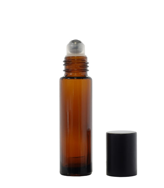 Amber Roll On Bottle Glass With Metal Ball & Black Aluminium Cap